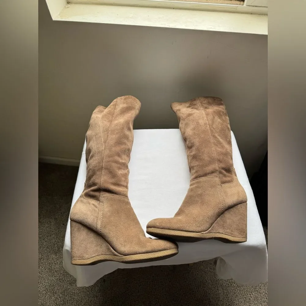Nine West Taupe Wedge Suede Knee-Knee Boots, Suede in Brown - Size 9.5
